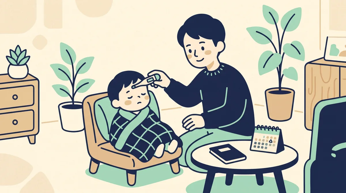 朝の検温で子どもの体調を確認する保護者のイメージイラスト
