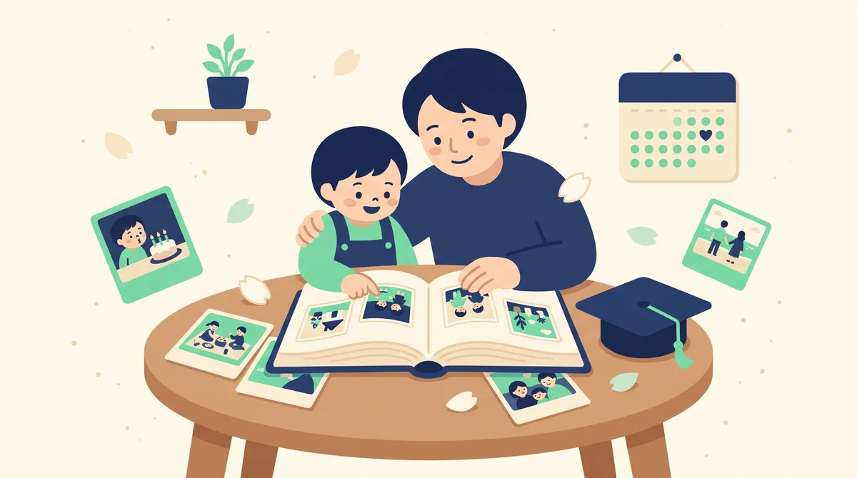 家族で子どもの思い出アルバムを眺めるイメージイラスト