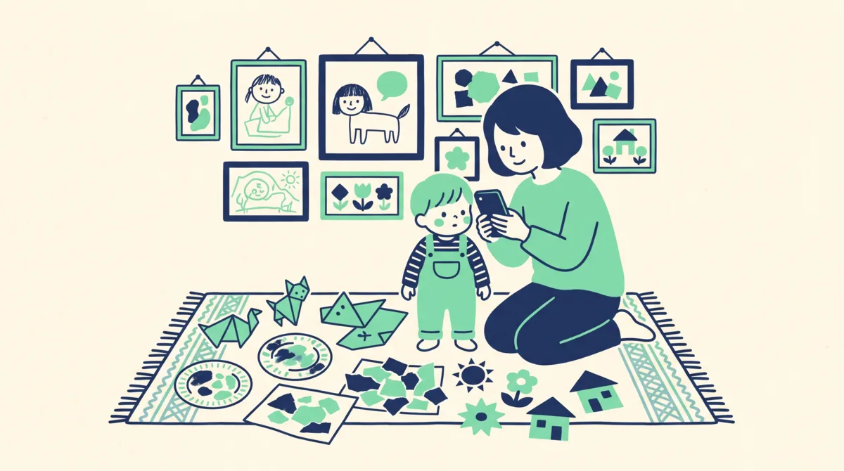 子どもの絵や工作を写真で記録するイメージイラスト