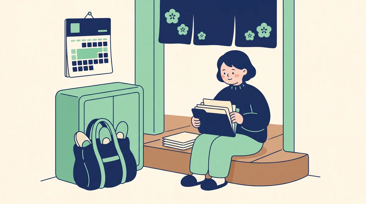 長期休み前のプリントを仕分けしている保護者のイメージイラスト