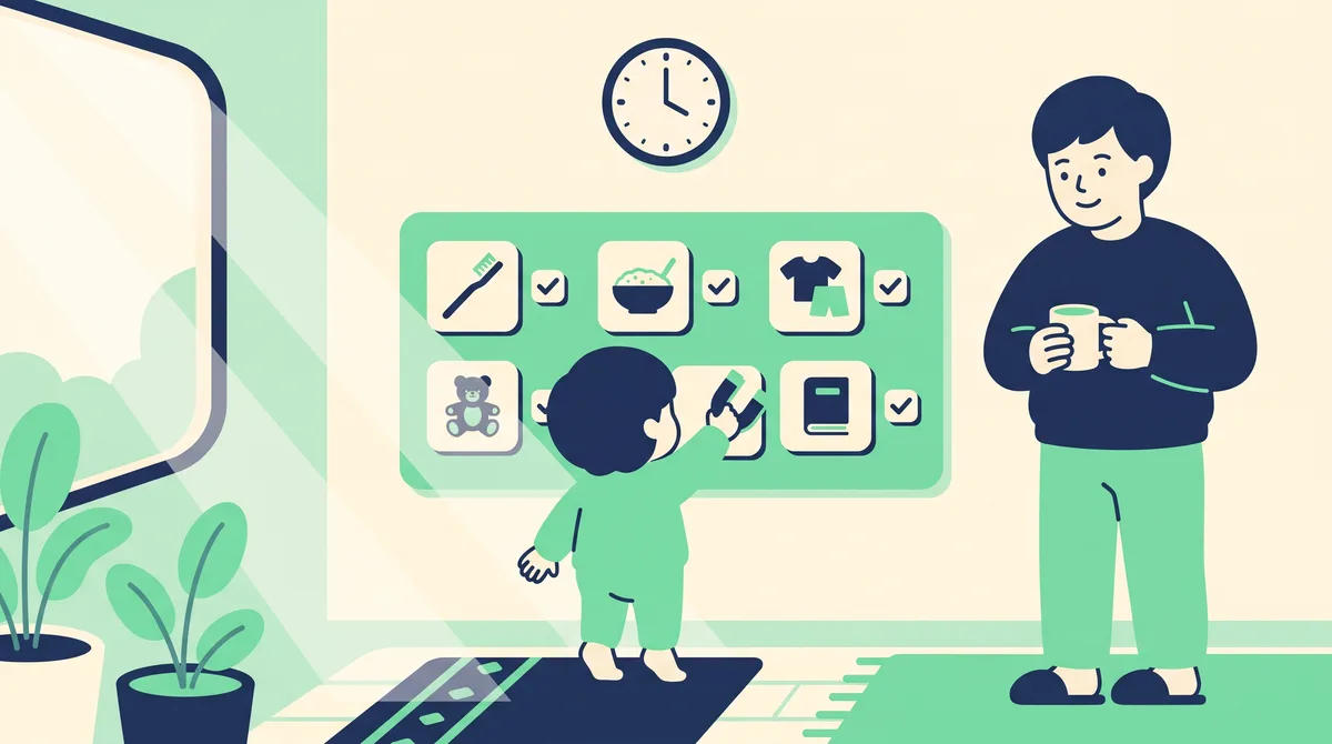 朝の支度ボードを見ながら自分で準備する子どもと見守る親のイラスト