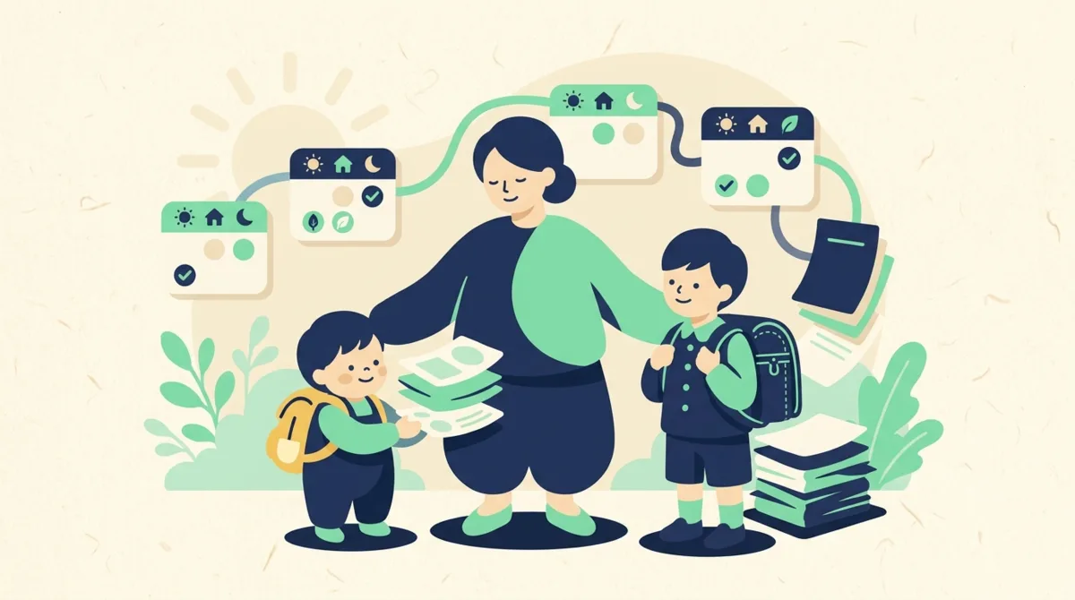 保育園児と小学生のきょうだいと保護者のイメージイラスト