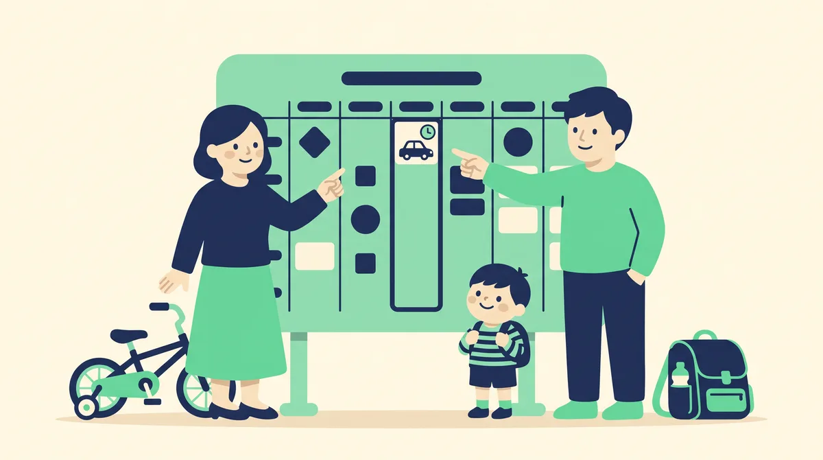 夫婦で送迎シフトを共有するイメージイラスト