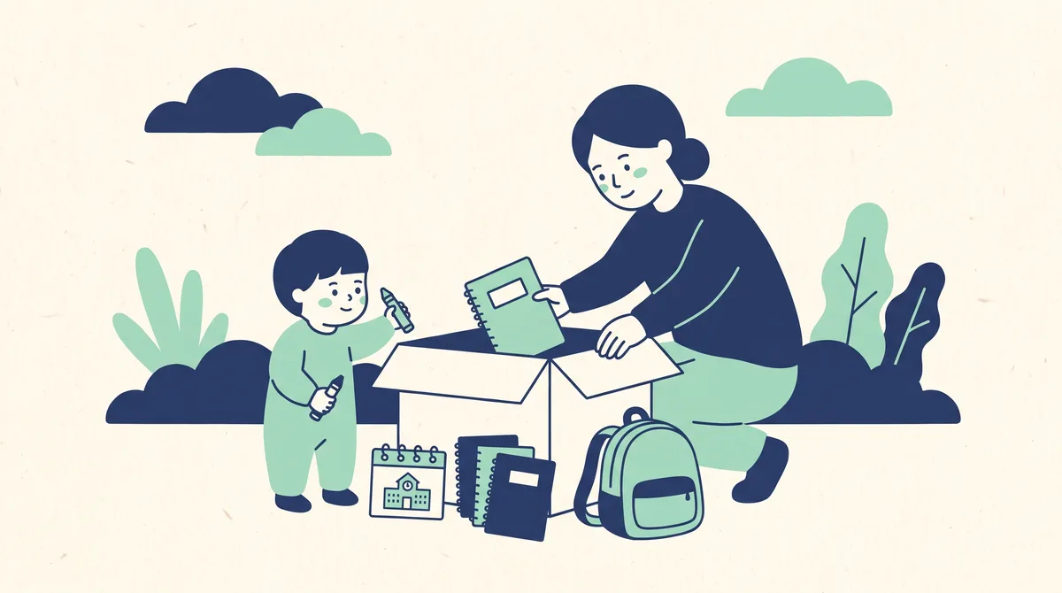 転園・転校の準備で持ち物を整理する親子のイメージイラスト