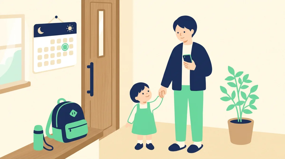 ひとりで子どもの送迎と家事をこなす保護者のイメージイラスト
