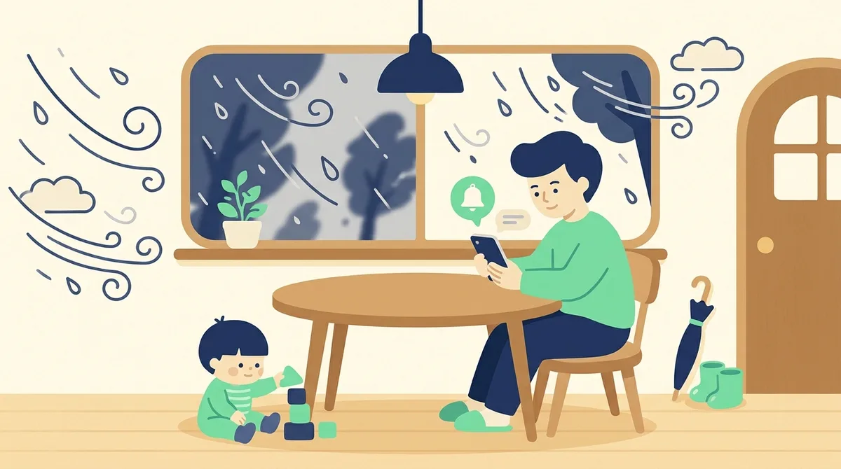 台風の朝に園からの連絡を確認する保護者のイメージイラスト