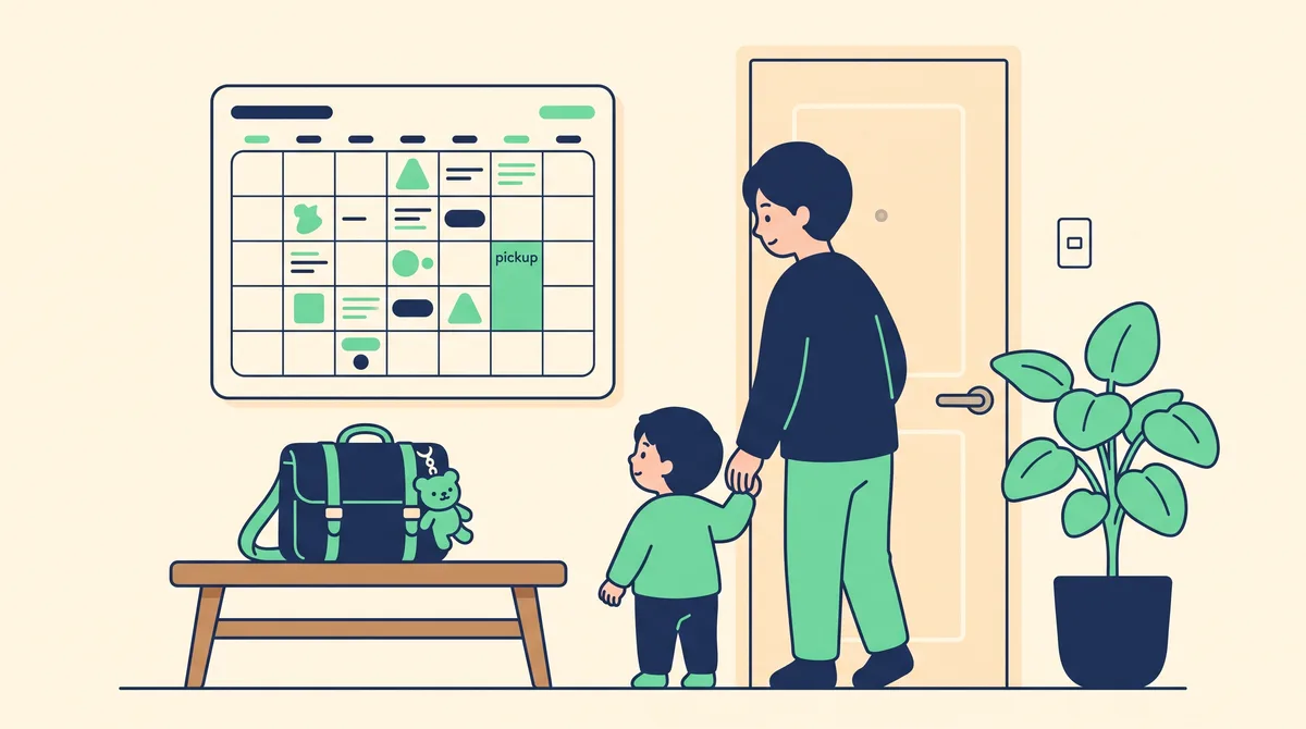 朝の玄関で家族カレンダーを見て予定を確認する家族のイラスト